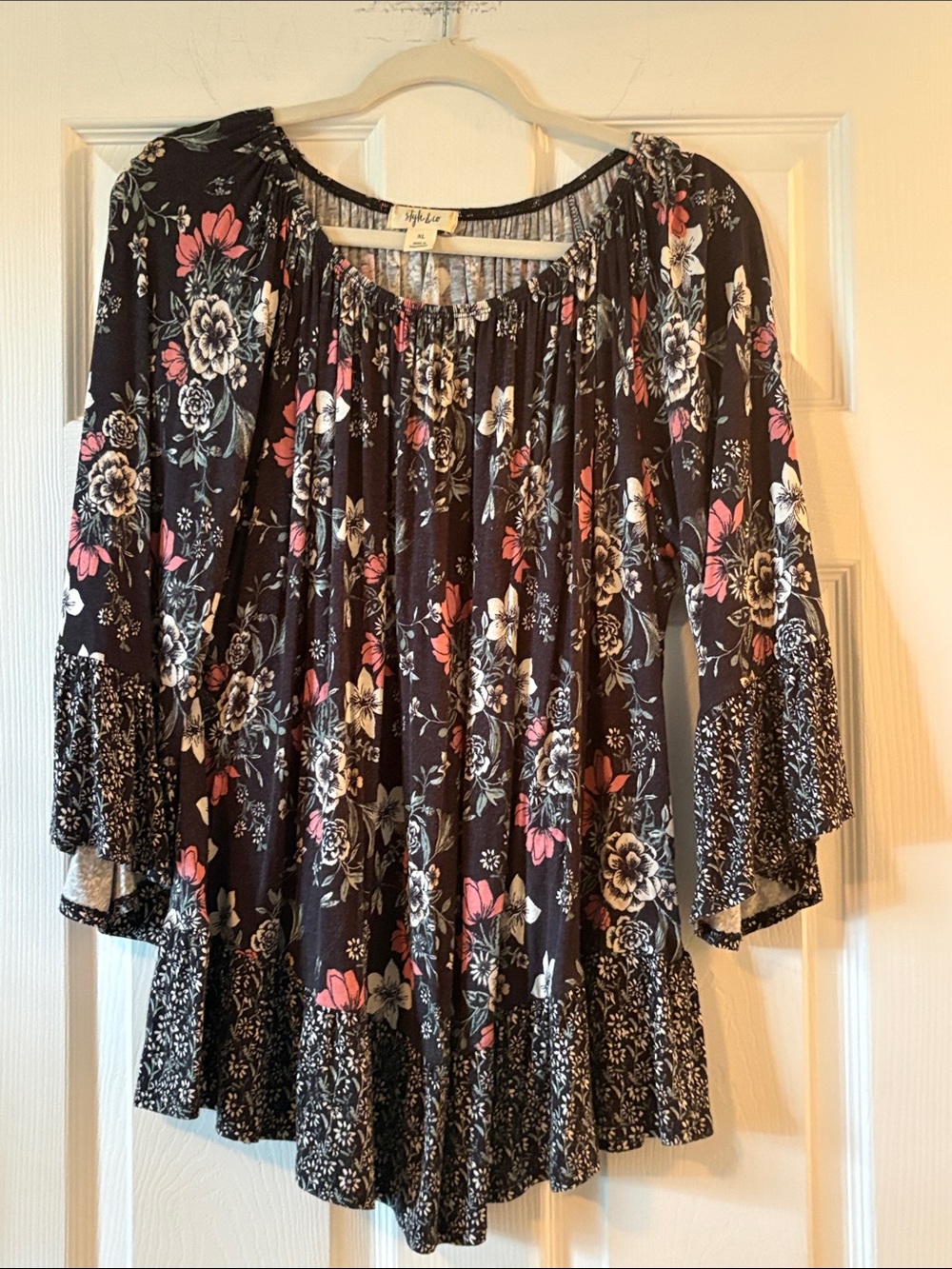 Style & Co. Black Floral Tiered Bell-Sleeve Tunic with Pink & White Flowers